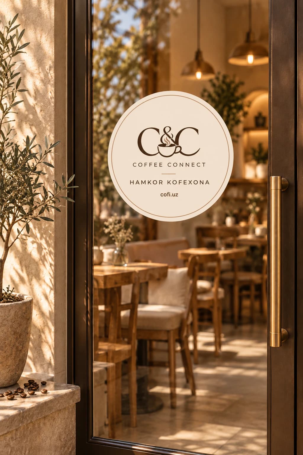 Kofexonaning shisha eshigida dumaloq Coffee Connect stikeri: hamkor kofexona belgisi