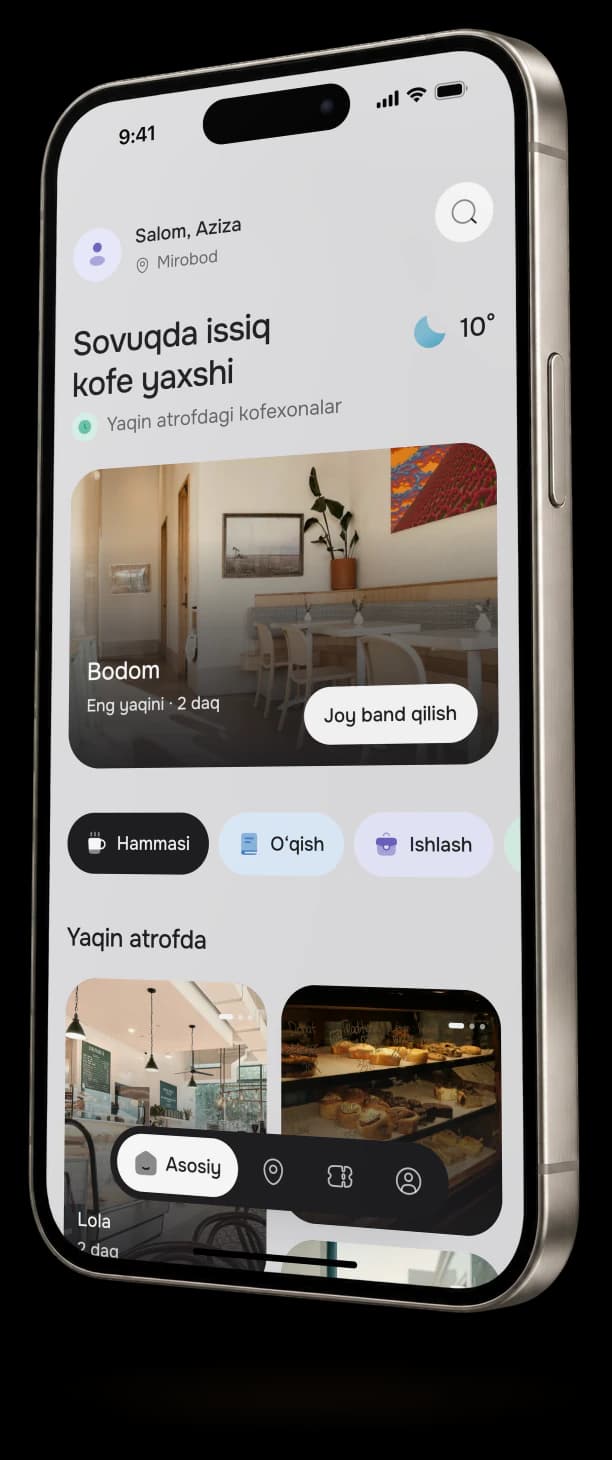 Telefonda Coffee Connect bosh ekrani: yaqin atrofdagi kofexonalar va «Joy band qilish» tugmasi
